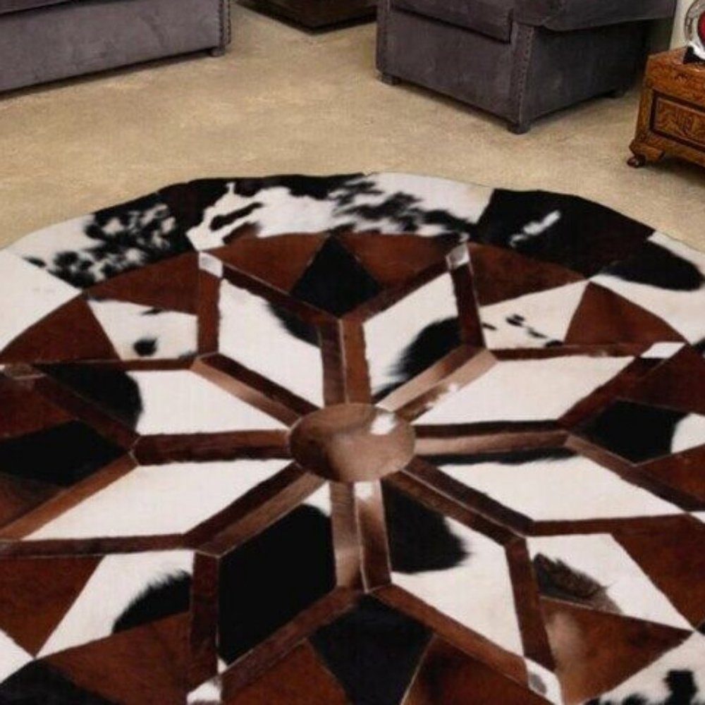 COWHIDE ROUND PATCHWORK TRICOLOR BEAUTIFUL AREA RUG PREMIUM QUALITY